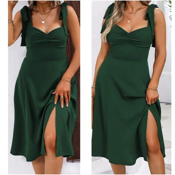 Plus Rust Solid Shoulder tie Sweetheart neck Cami Midi Dress - Picture 3 of 7